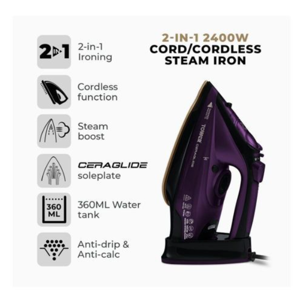 Tower CeraGlide 2-in-1 Cord/Cordless Steam Iron - 2400W